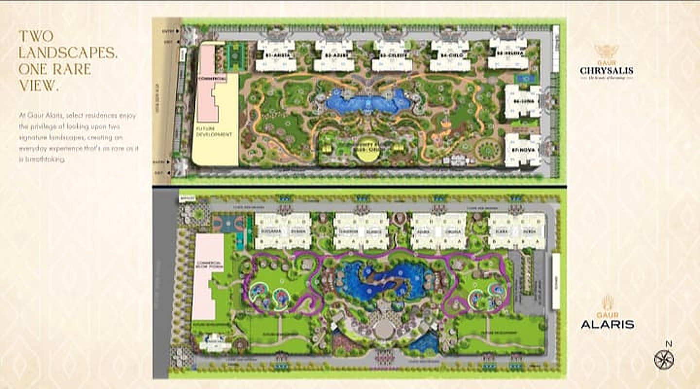 Gaur Alaris master plan — two landscaped courtyards
